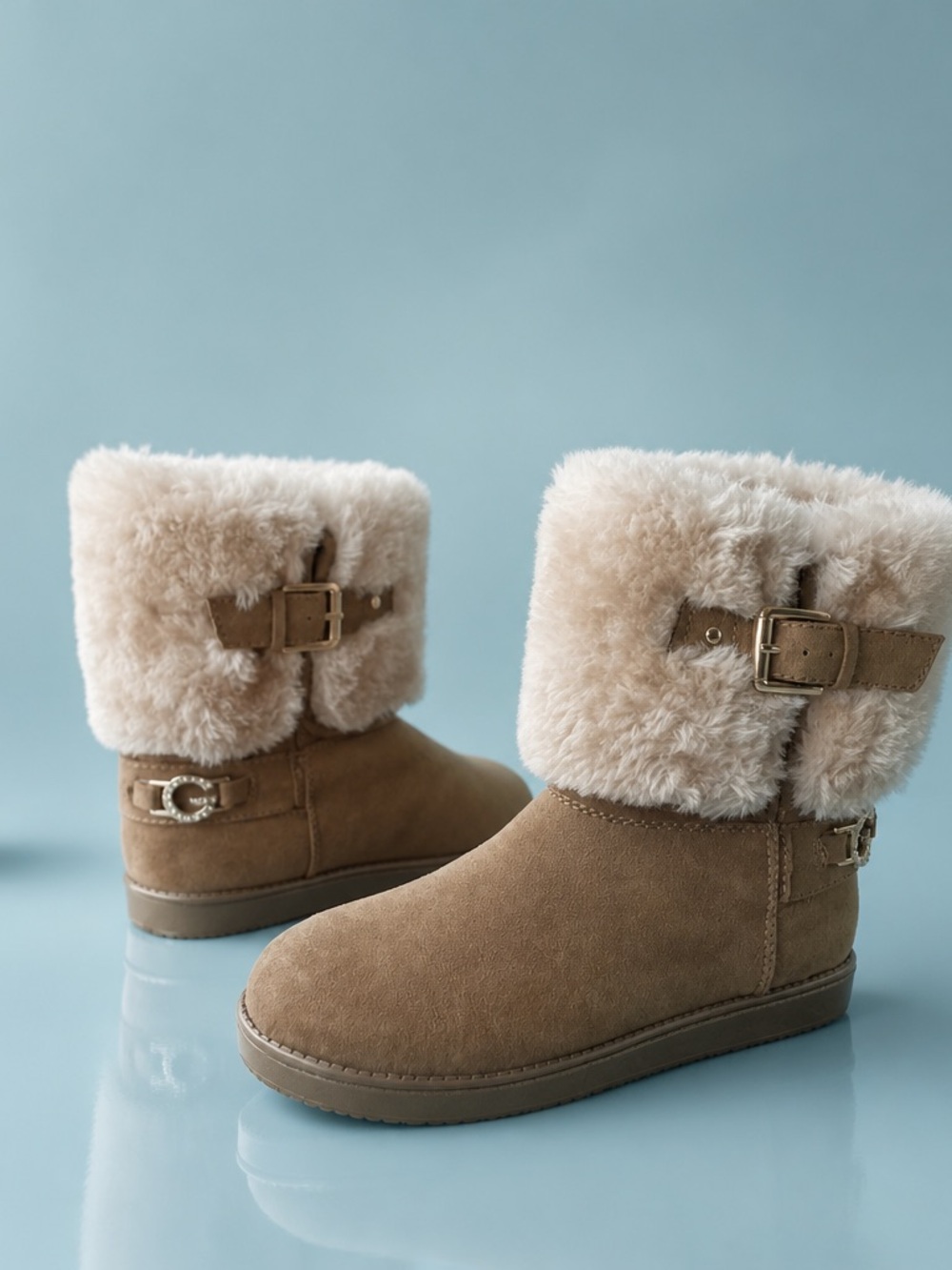 GBG Cozy Faux Shearling Buckle Boots - Camel